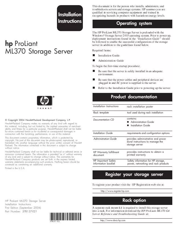 Mode d'emploi HP PROLIANT ML370 G4 STORAGE SERVER