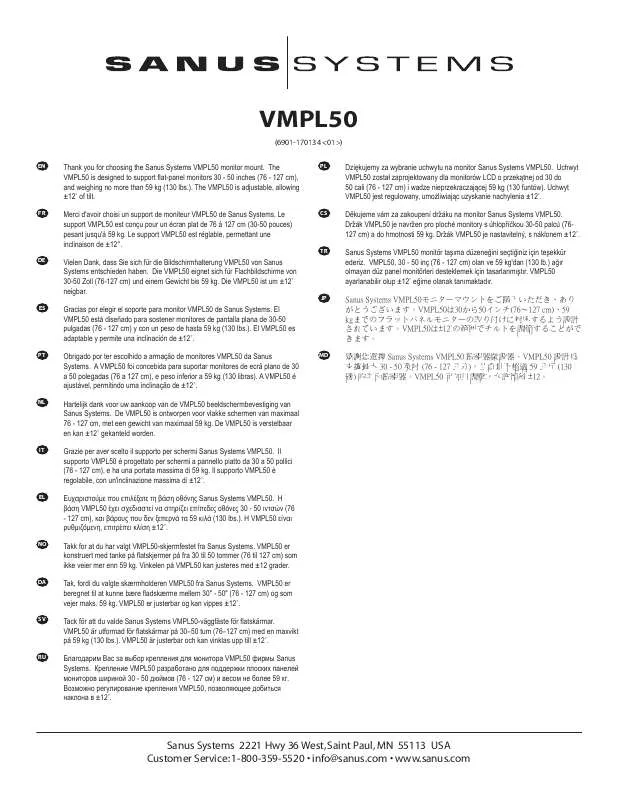 Mode d'emploi SANUS VISIONMOUNT FLAT PANEL WALL MOUNT-VMPL50
