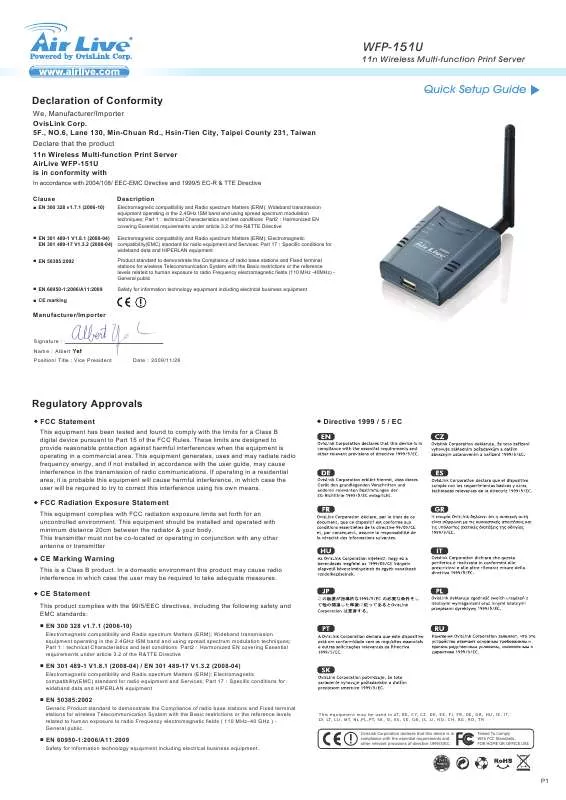 Mode d'emploi AIRLIVE WFP-151U